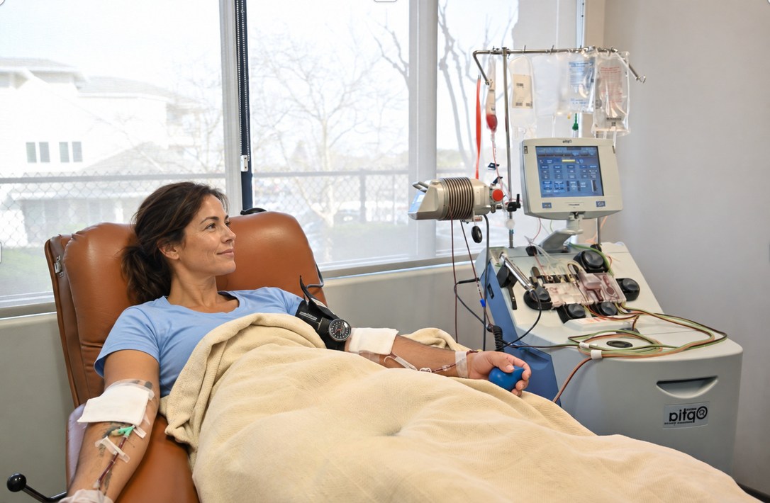 A patient resting during an apheresis appointment
