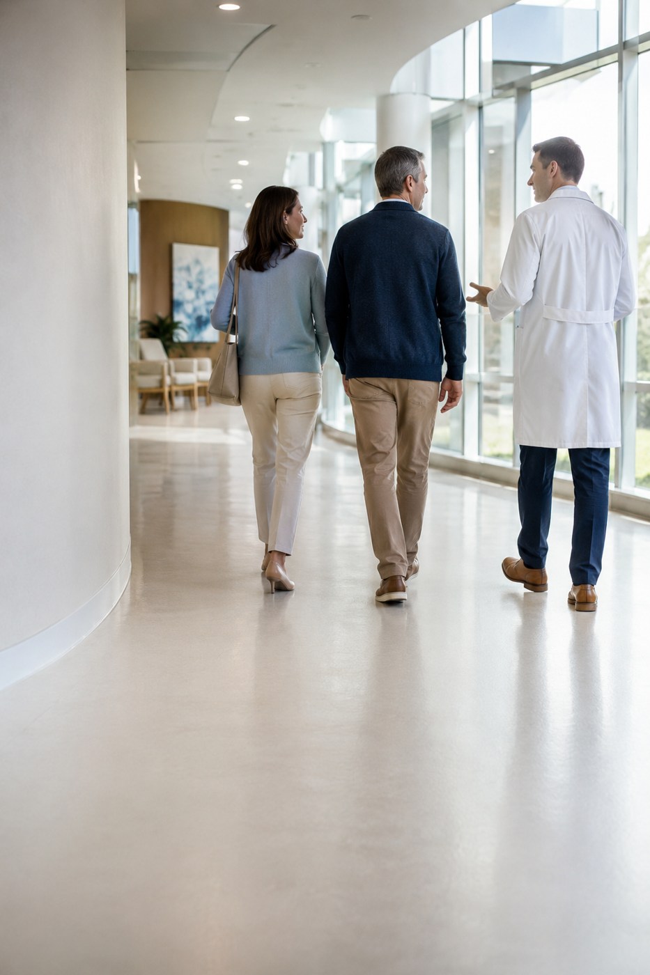 A patient walking with clinicians in a bright clinical setting