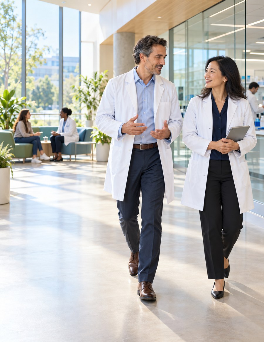 A physician and laboratory professional talking in a bright clinical setting